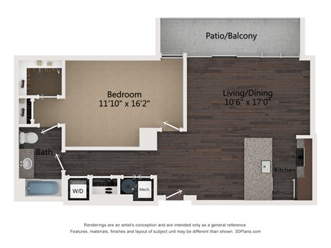Floor plan for 1 bed, 1 bath, 833 sqft